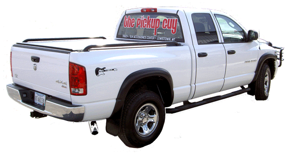 Pickup Truck with accessories including tonneau cover, truck steps, grille guard, graphics, bed liner, and towing products